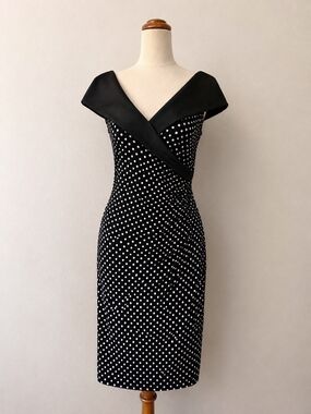Joseph Ribkoff Polka Dot Off Shoulder Dress Black White Midi Cocktail Dress
